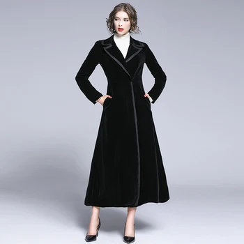 

2019 New Female Trench Fashion Women's Temperament Autumn Black Velvet Long Windbreaker Casual Over-size 3XL Overcoat