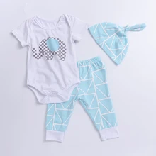 Летняя одежда с принтом слона для новорожденных девочек; белый комбинезон с короткими рукавами и эластичной резинкой на талии; комплекты с длинными штанами в геометрическом стиле