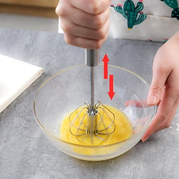 

KAKURI Kitchen Tool Stainless Steel Whisk Stirrer Mixing Mixer Egg Beater Foamer Rotate Hand Push Whisk Stiring Tool