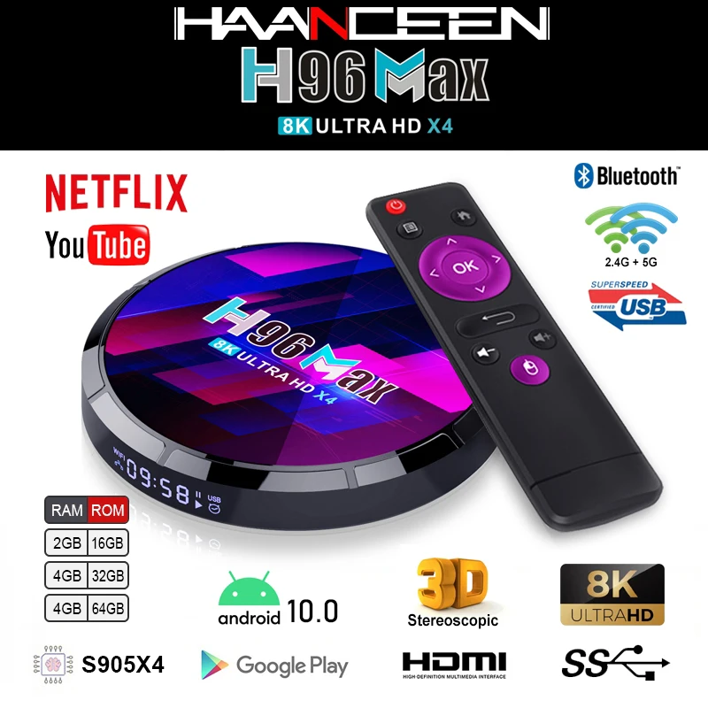 H96 MAX X4 Android 10 Smart TV BOX Amlogic S905X4 2/4 ГБ RAM16/32/64 Google Player 8K 24fps 3D Wifi 2 4G &amp 5G телеприставка |