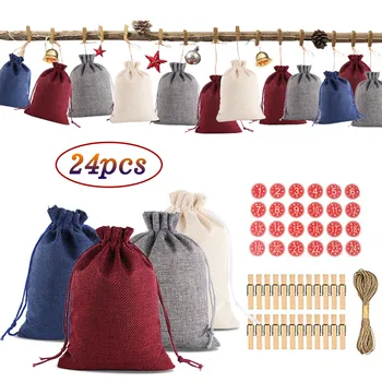 

Christmas Pattern Candy Bag 1-24 Advent Calendar Bundle Cotton Linen Gift Bag Home Decor cloth bags Pouch with Clips kerst