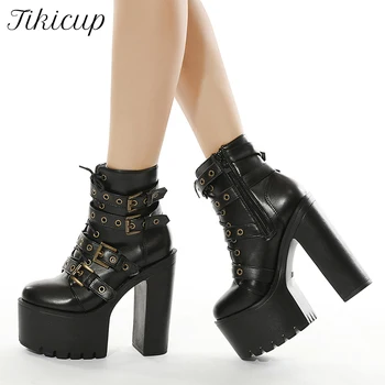 

Tikicup All Black Women Chunky Platform Boots Wild Alternative Ultra High Heels Short Booties Goth Cosplay Shoes with Belts