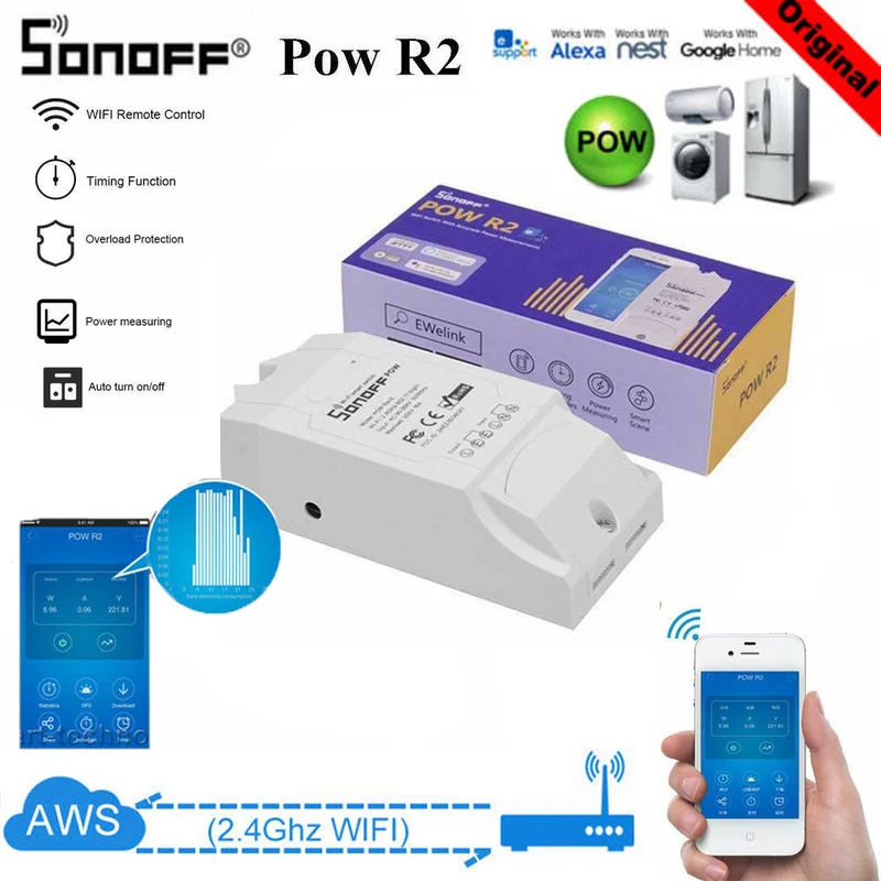 

Sonoff Pow R2 Smart Wifi Switch Controller App Remote Control Smart Home Domotica Device Work with Google Home Alexa