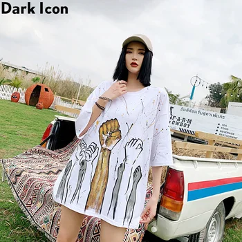 

Dark Icon Hand Painting Hiphop T-shirt Women Loose Girl's Tshirts Cotton Streetwear Tee Shirts
