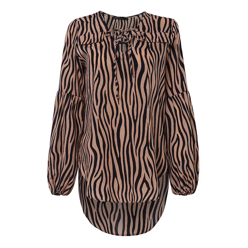 Женская блузка, сексуальная, v-образный вырез, повседневные рубашки, селмия, осень, рукав-фонарик, на шнуровке, рисунок зебры, рабочие топы размера плюс, Blusas Mujer - Цвет: Coffee