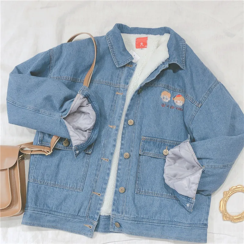 Most effective  Small Fresh Denim Jacket Women Cute Cartoon Embroidery Loose Vintage Kawaii Outwear Soft Sister Lon