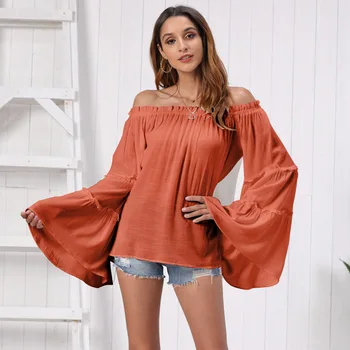 

2020 Women's Clothing Fashion Style Tops Slash Neck Long Sleeve Blouses Oversized Autumn Shirts Solid Color Ruffles Casual Shirt