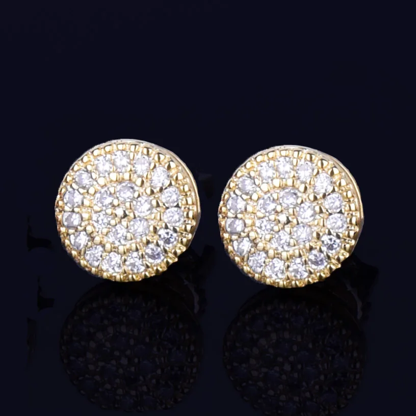 8MM Gold Color Small Round Stud Earring AAAA Cubic Zircon Screw Back Men’s Earrings Fashion Hip Hop Jewelry