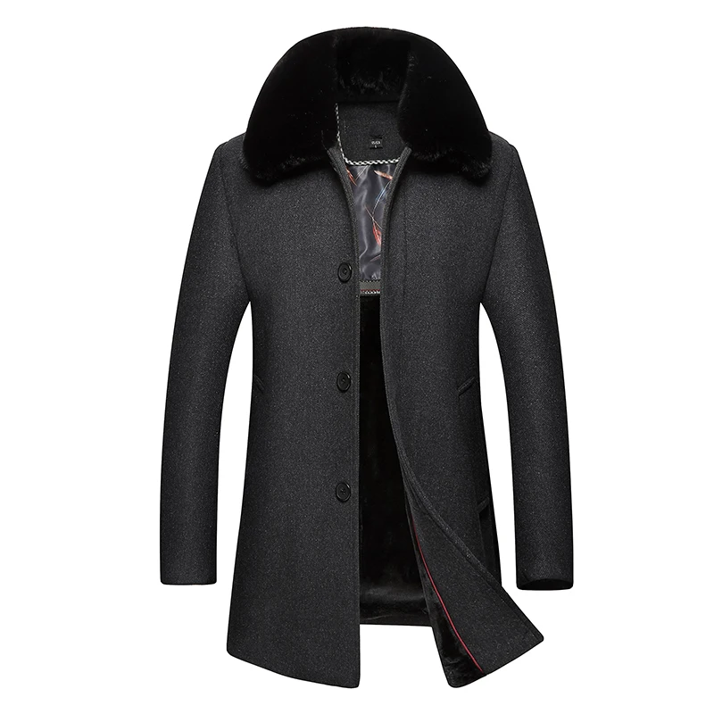 Зимняя шерстяная куртка, мужское шерстяное облегающее пальто в повседневном стиле, шерстяное пальто средней длины, мужское пальто с меховым воротником, 17-15 - Цвет: Dark gray