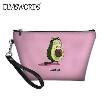 

ELVISWORDS Kawaii Avocado Print Women PU Comsetic Bag 2020 Fashion Cartoon Small Handbag for Girls Durable Travel Makeup Bag