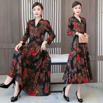 

Knitted Dress Autumn Clothing For Women 2020 New Fashion Temperament V-Neck Printing Slim A Line Long Dresses Elegant Robes y291