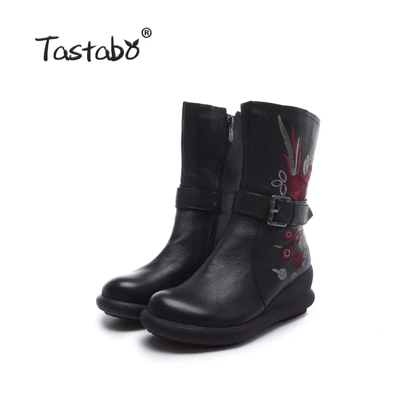 Black Tastabo/ г. Осенне-зимние женские ботинки телесного цвета ботинки в этническом стиле повседневная женская обувь винно-красного и черного цвета, размеры 35-40, S99915 - Цвет: Black