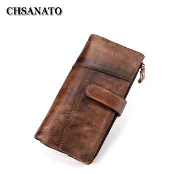 

CHSANATO Genuine Leather Men Wallet England Style Long Clutch Wallets Large Photo Card Holder Purse Vintage Hasp Wallets