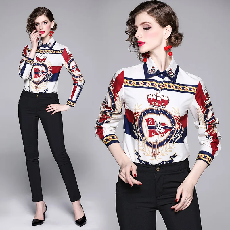 

2019 Autumn High Quality Luxury Ladies Casual Shirt Women Long Sleeve Turn Down Collar Fashion Print Blouses Office Elegant Tops