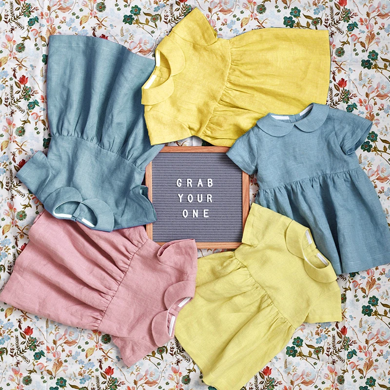 Children Linen Doll Collar Baby Princess Dress Girls Clothing Spring And Summer Short-Sleeve Dress TZ01