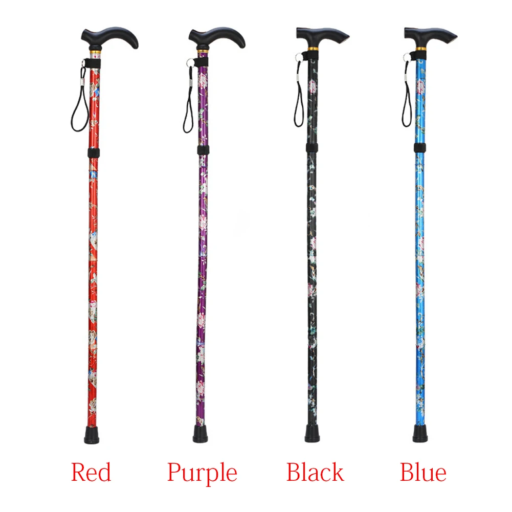 Folding Walking Stick Adjustable Crutches Non Slip Patterned Travel Five-section Printed Cane Sturdy