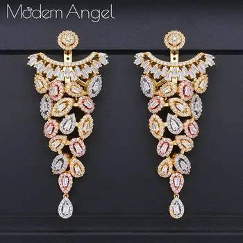 

ModemAngel Trendy Luxury Flower Blossom Stud Earrings For Women Wedding Cubic Zirconia Crystal African Dubai Gold Bridal Earring