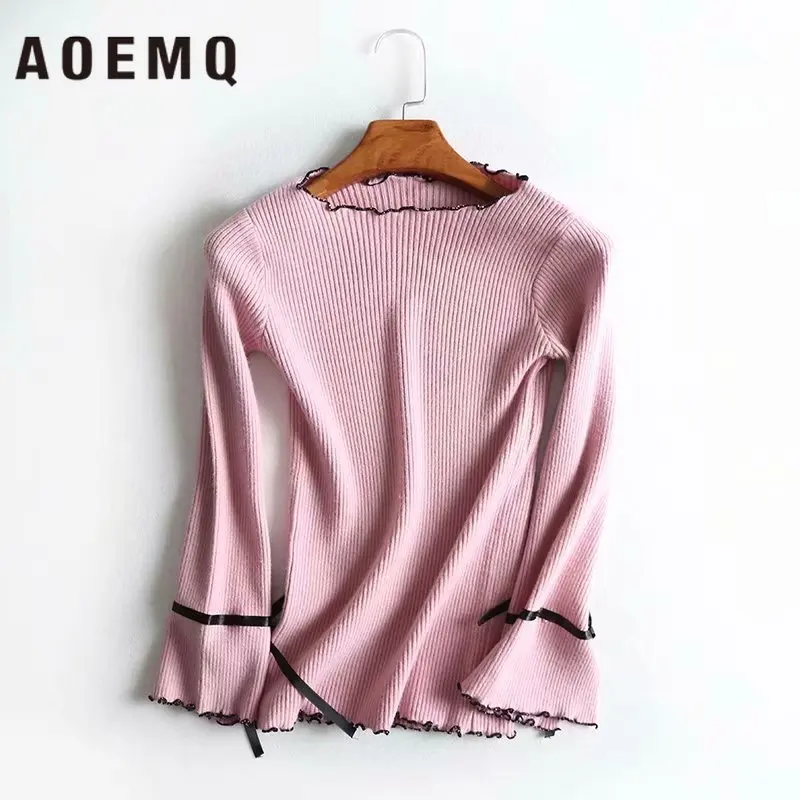 AOEMQ Fashion Sweaters Brwon/White/Pink Princess Dream Sweet Sweater Slim Slash Collar Black Bow-knot Long Sleeve Women Clothing | Женская