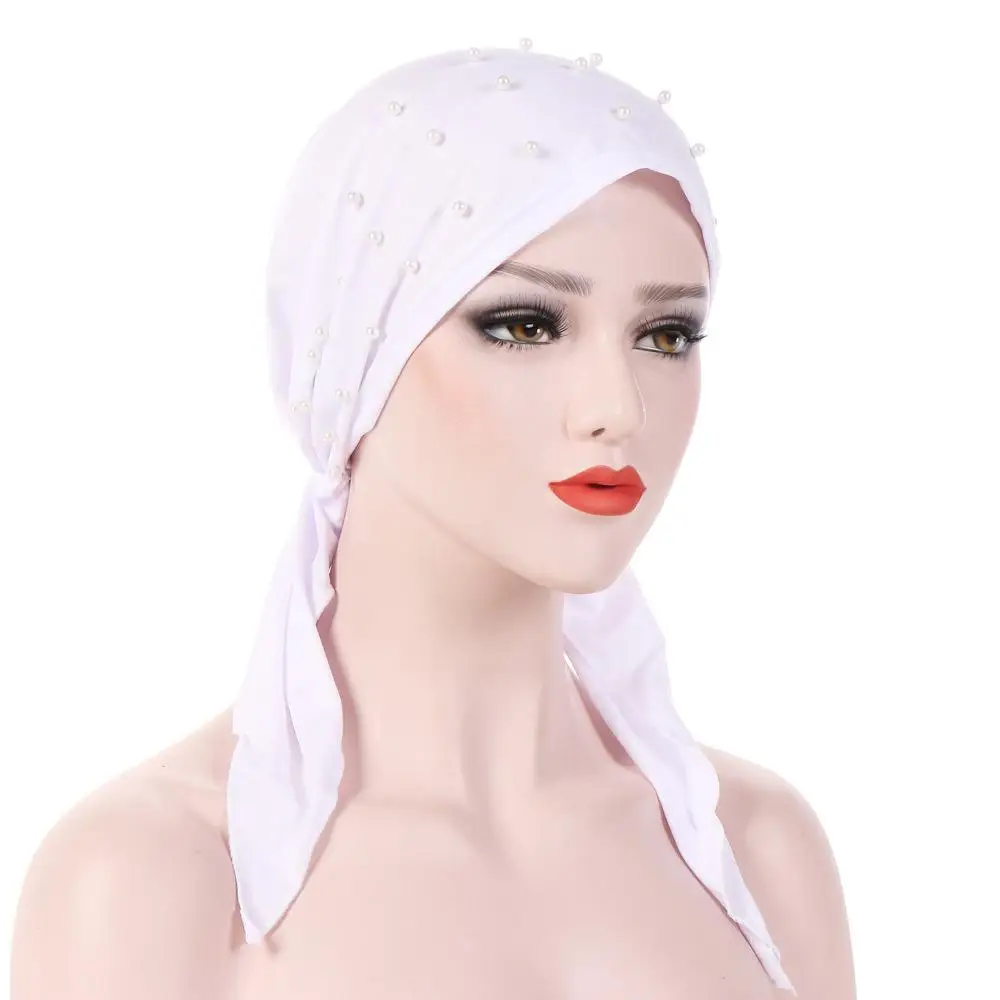 Мусульманская женская Бандана Хиджаб раковая шапка после химиотерапии шапка для выпадения волос головной платок тюрбан обертывание Islmaic головной убор бусины стрейч арабский подшарф - Цвет: Белый