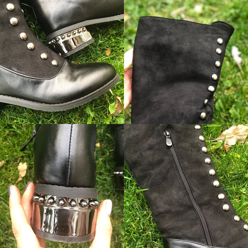 RIZABINA, размеры 32-48, женские сапоги до колена модная зимняя теплая обувь женские Офисные высокие сапоги на молнии обувь на каблуке с Плюшевым Мехом
