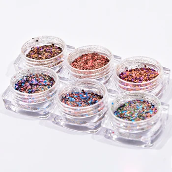 

6 Color Glitter Nail Art Acrylic Nails Powder, Mixed Polish Chunky Sequins Iridescent Flakes Ultra-thin Paillette Sparkles sets