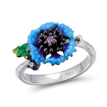 Богемное женское великолепное голубое васильковое 925 Серебряное кольцо с изящным циркониевым цветком, обручальное кольцо на палец для женщин, ювелирные изделия из эмали