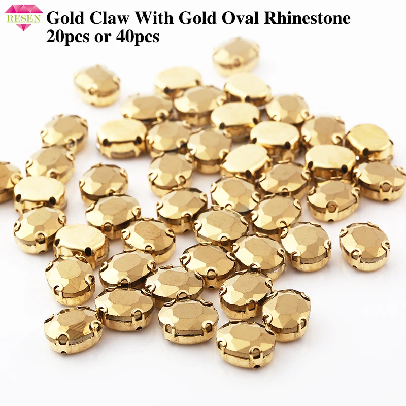 

RESEN Sell at a loss 20PCS Gold Sew-On Rhinestone Oval Shape Crystal Aurum Stones With Gold Claw For Diy Clothing Dress