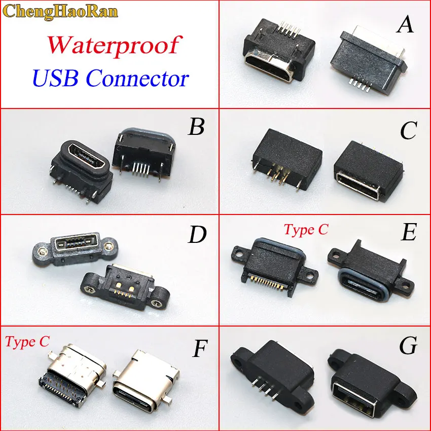 ChengHaoRan 1PCS Waterproof Power Plug Dock SMT DIP Female Micro USB Connector Type-C Charging Socke