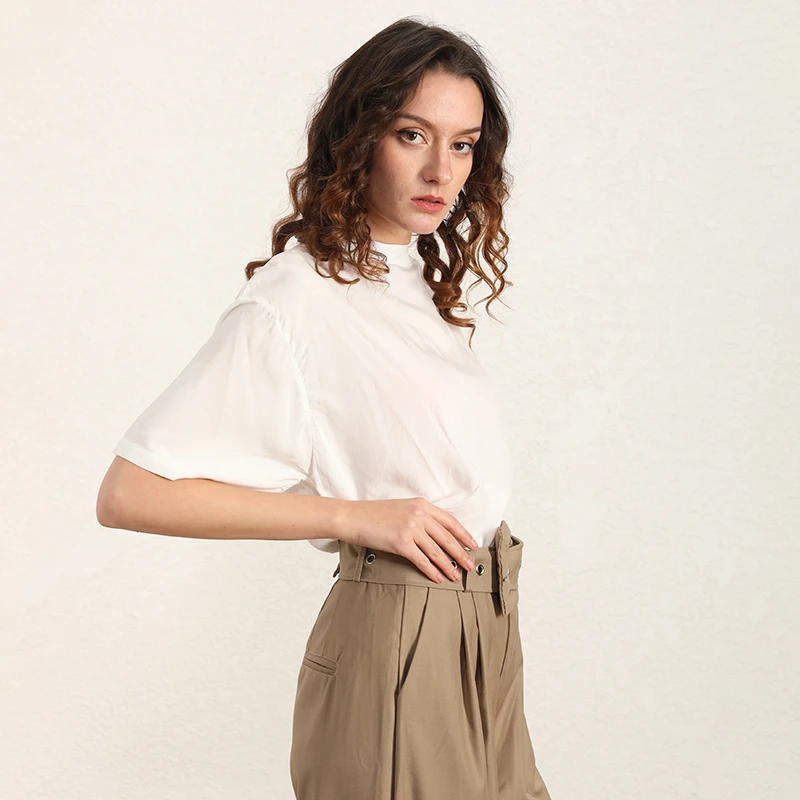 TWOTWINSTYLE Корейская белая рубашка с рюшами для женщин водолазка с коротким рукавом негабаритная Повседневная рубашка блуза Женская летняя Новинка