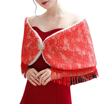 

Womens Bridal Wedding Dress Shawl Thick Plush Floral Lace Patchwork Wrap Shrug Tassels Trim Winter Warm Evening Gown Stole Cape