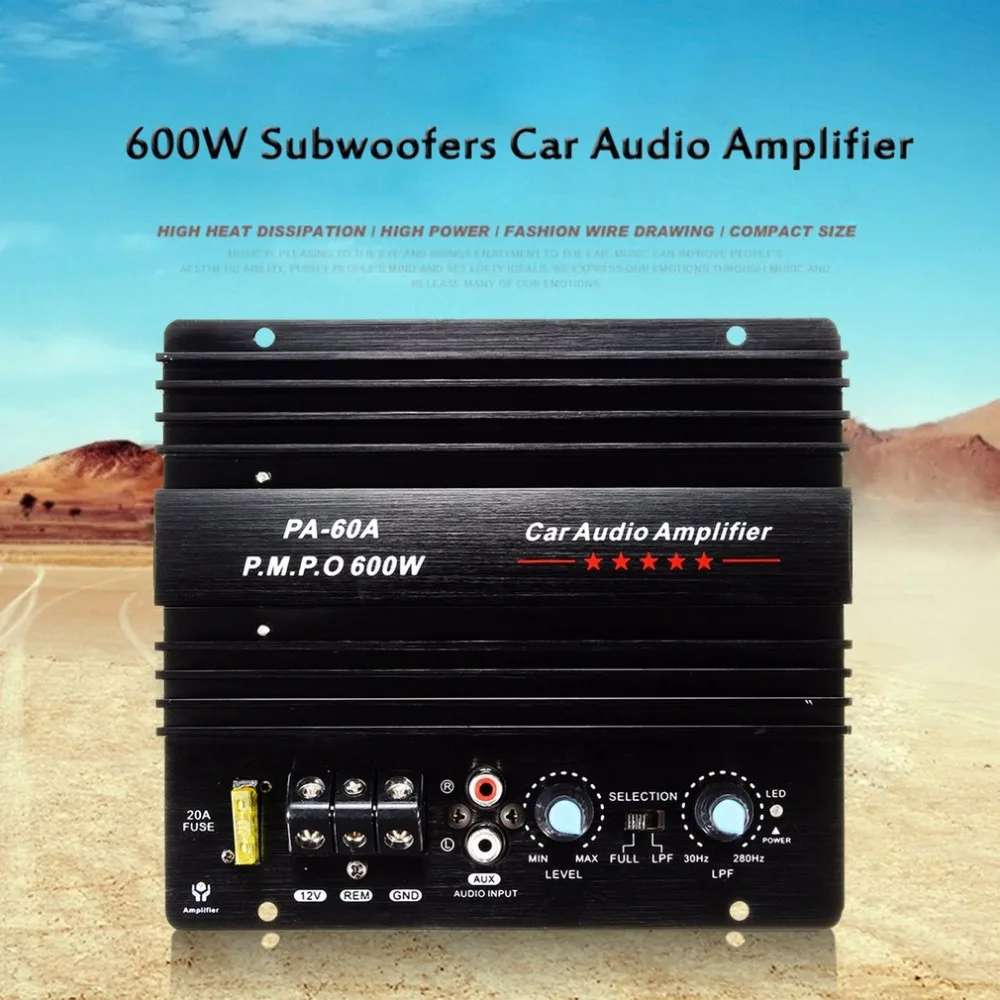 600W PA-60A 12V подойдет как для повседневной носки, так высокое Мощность усилитель звука для автомобиля Мода волочения проволоки Мощность Фул бас усилитель сабвуфера с 20A предохранитель