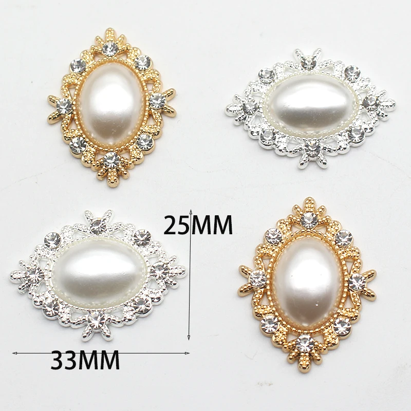 10pcs 33*25mm Retro Oval Pearl Alloy Rhinestone Button Jewelry Hairpin Clothing Wedding Decoration Handmade Diy Accessories