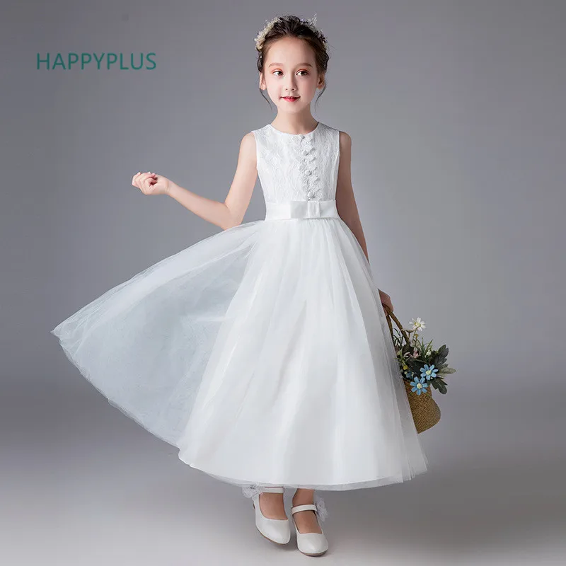 Кружевное длинное платье для девочек HAPPYPLUS без рукавов с полурукавами белого
