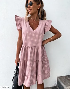 

Les pela 2020 New Summer Sundress Women Ruffles Sleeves V-neck Dot Boho Vestidos Multi-layer connection Hem Elegant Mini Dresses