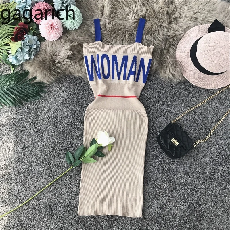 

Gagarich Women Dress 2019 Letter Knitted Spaghetti Strap Solid Stretch Bodycon Dresses Summer Sexy Club Vestidos Verano