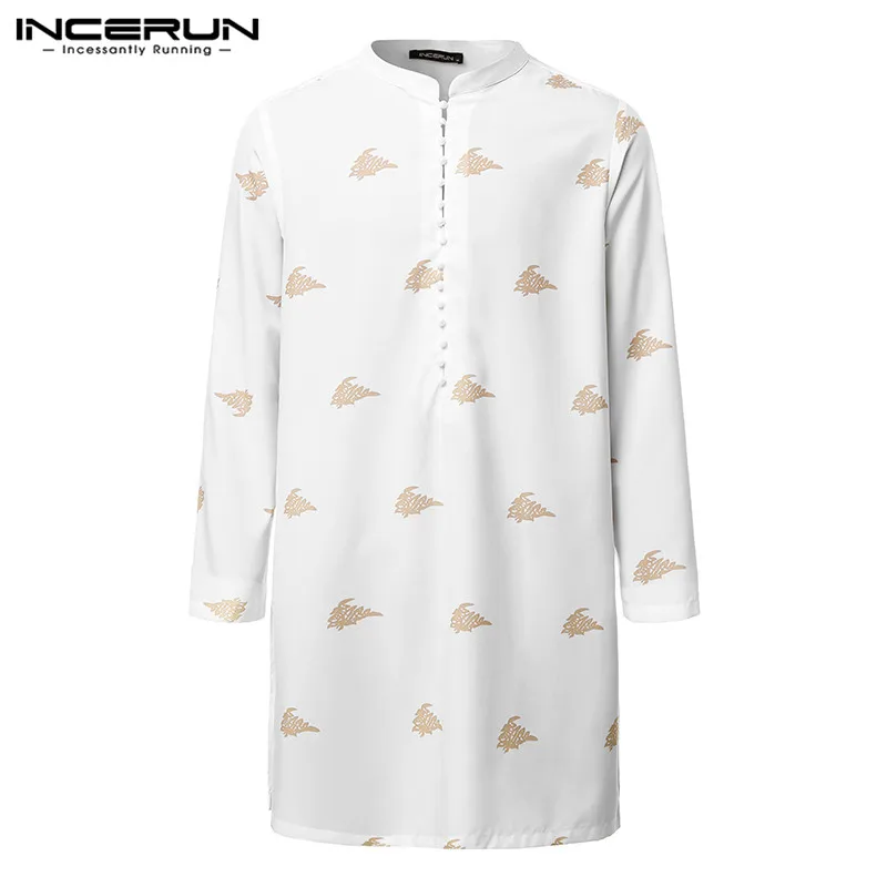 Kopen INCERUN Lange Mouw Mannen Shirts Gedrukt Retro Knop 2019 Stand Kraag Lange Shirts Mannen Indian Tops Streetwear Casual Truien 7