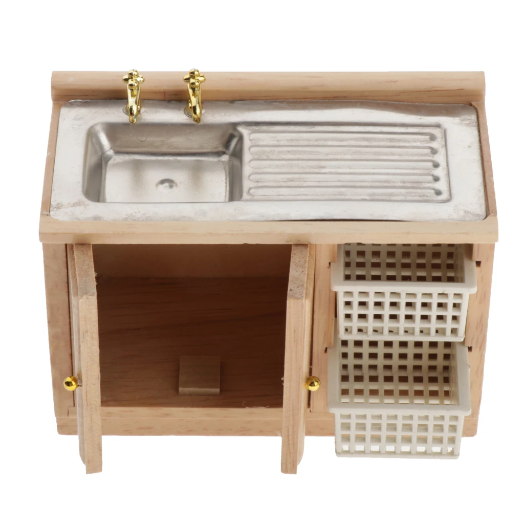1:12 Dollhouse Miniatures Wooden Cupboard Wash Basin Cabinet Kitchen Furnitures