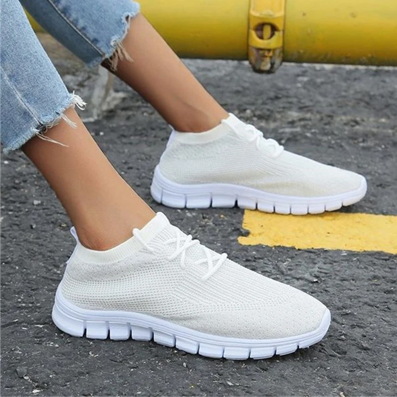 

Siddons 2020 Women Casual Shoes Lightweight Sneakers Breathable Mesh Summer Knitted Vulcanized Shes Woman Lace Up Flats Shoes