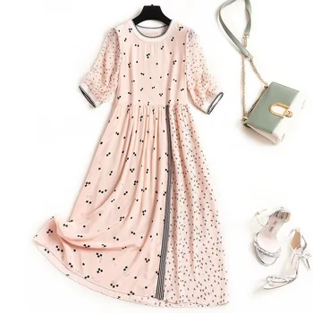 

Women plus size silk dress summer 2020 half sleeve striped geometric print chiffon a-line elegant casual dresses beige