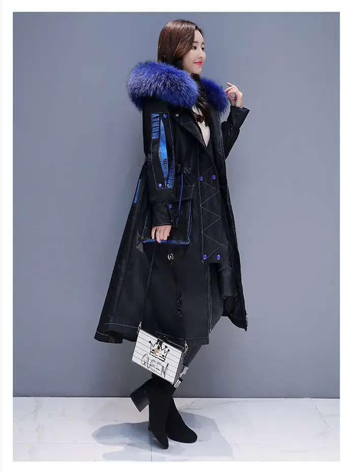 Зимняя куртка женская мода хит цвета большой размер большой меховой воротник с капюшоном парка длинное пальто Женская Лоскутная теплая одежда f1652