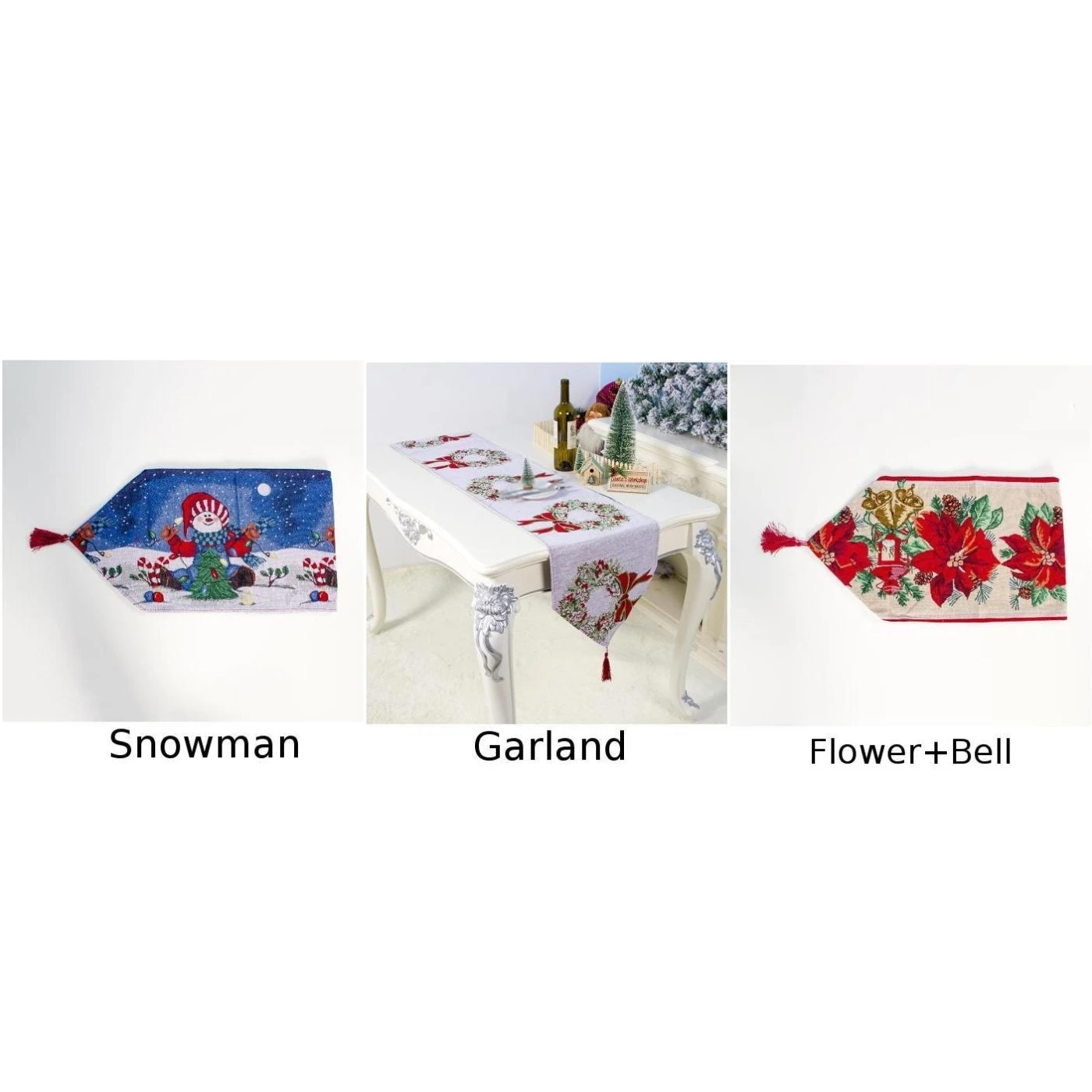 Christmas Tablecloth 180* 35cm Linen Decoration Table Flag Decor Ornaments Snowman/Garland/Flower+Bell