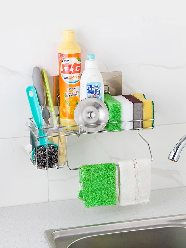 Kitchen rack household articles hanging rag rack drain rack receiving 304 stainless steel hole-free wall hanging