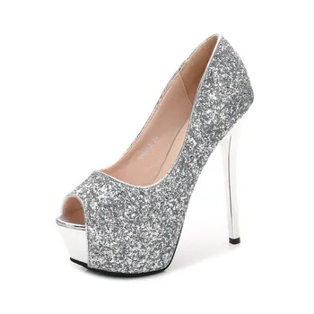 

2019 fashion sequins women's single shoes sexy nightclub fish mouth 14 cm high heels super high shallow mouth women's shoes