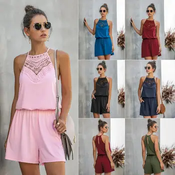 

New 2020 Summer Sexy Lace Hollow Out Backless Women Solid Color Jumpsuits Ladies Off Shoulder Sleeveless Hot Short Jumpsuits