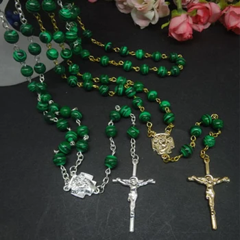 

KOMi Catholic Natural Malachite Necklaces Orthodox Rosary Cross Necklaces Jesus Religious Praying Jewelry Gifts Collana R-335