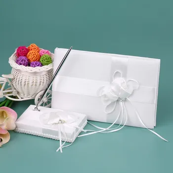 

White Satin Ribbon Wedding Guset Signature Book and Pen Stand Set with Satin Flower Faux Pearls Decoration