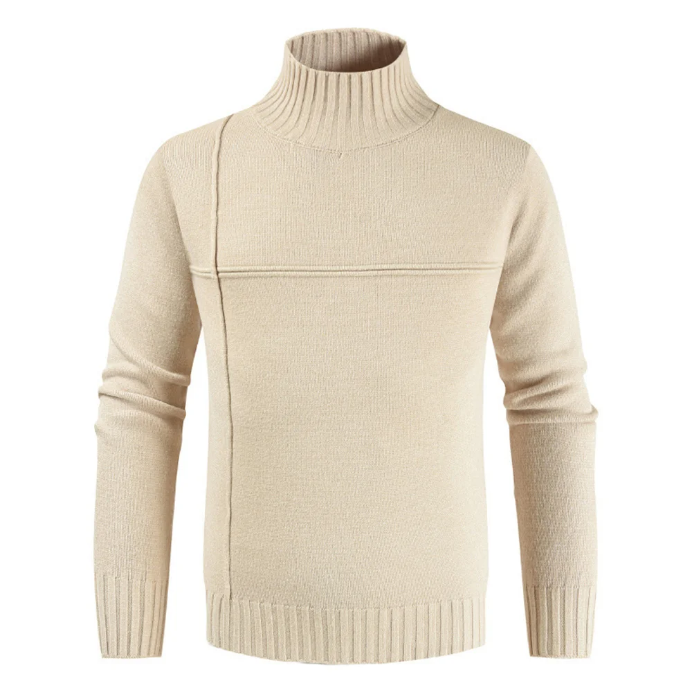 

Spring Fall Male Casual Slim Knit Sweater Striped Stitching Korean Turtleneck Solid Color Men's Sweater Long Sleeve Men Tops