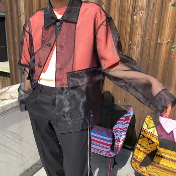 

Male Women Streetwear Hip Hop Fashion Loose Shirt Coat Black White Men Transparent Organza Long Sleeve Casual Shirt Style Jacket