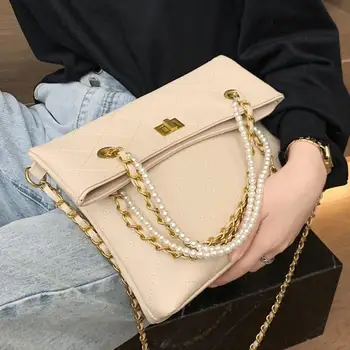 

Lattice Folded Pearl Tote bag 2020 Fashion New High quality PU Leather Women's Designer Handbag Chain Shoulder Messenger Bag