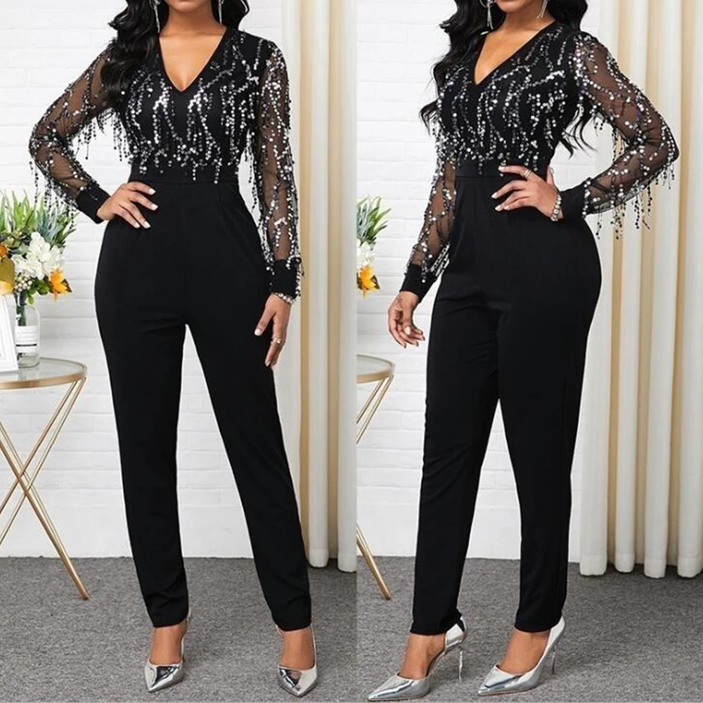 Sexy V Neck Women Jumpsuit 2021 Spring Elegant Long Sleeve Sequin High Waist Skinny Office Rompers Casual Slim Overalls | Женская одежда